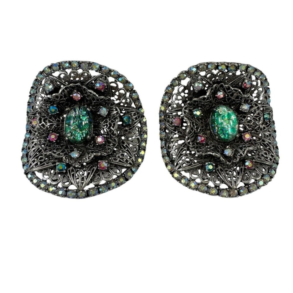 Musi Rhinestone Shoe Clips Filigree Aurora Borealis Faux Opal Cabochon Vtg 1960s